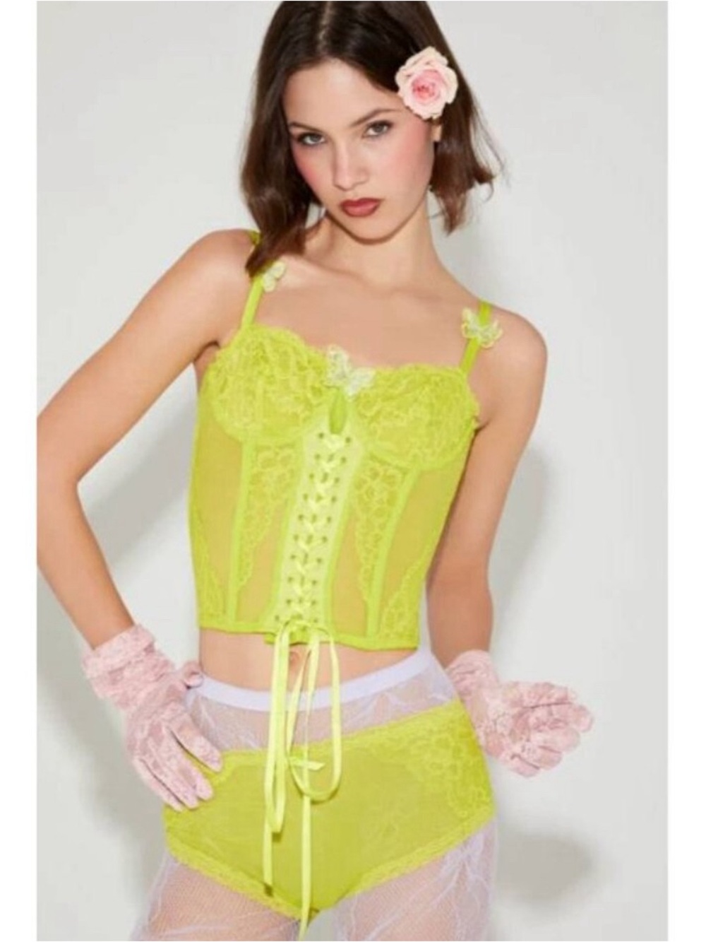 Betsy Johnson x Forever 21 SMALL Lime Green Chartreuse Lace Up Cami Lingerie Set